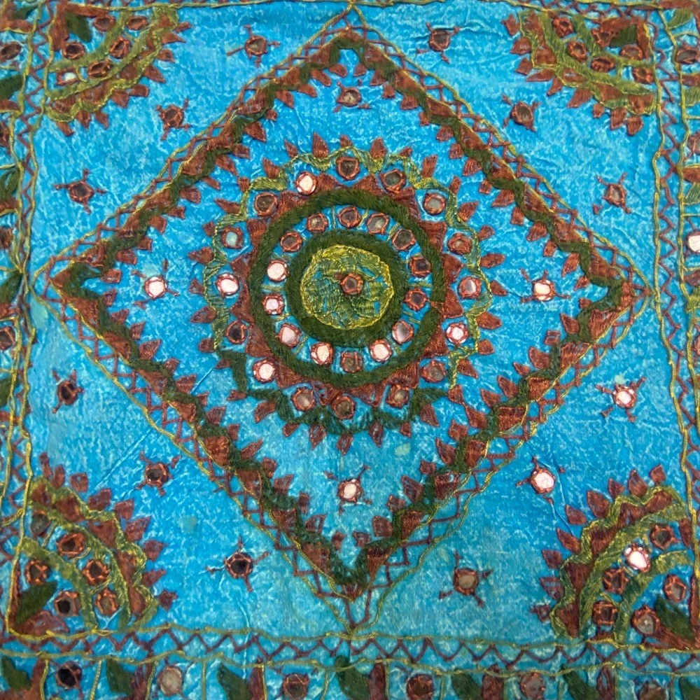 Devananda Turquoise Cotton Mirror Work Pillow Cover Boho Indian Embroidery 16x16
